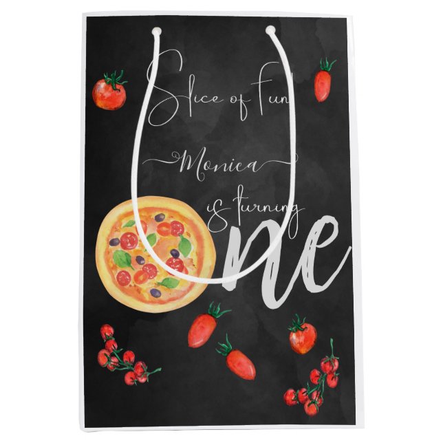 Bolsa De Regalo Mediana Parte de diversión, primer cumpleaños de pizza (Anverso)