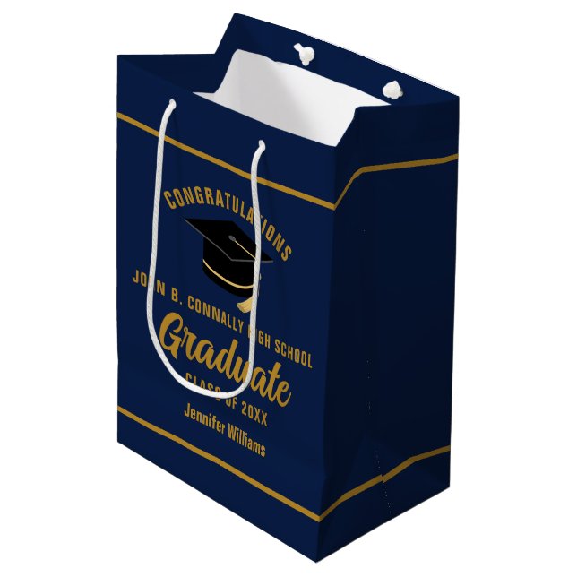 Bolsa De Regalo Mediana Partido de Graduación de Personalizado de Oro Azul (Angulo Anverso)