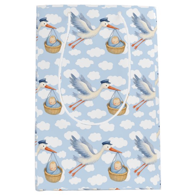 Bolsa De Regalo Mediana Parto de cigüeñas Niño Cute Azul (Anverso)