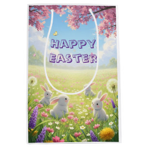 Bolsa De Regalo Mediana Pascua de lavanda Lindo conejo blanco Floral Prima