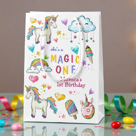 Bolsa De Regalo Mediana Pastel arcoiris unicornio mágico un cumpleaños