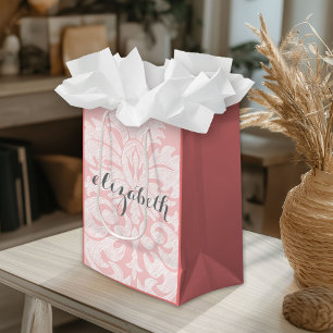 Bolsa De Regalo Mediana Pastel Coral y Gray Damask Suite para mujeres