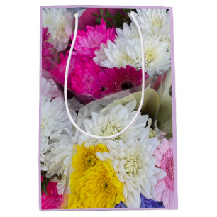 Bolsa De Regalo Mediana Pastel Floral Rosa, Crisantemo Amarillo y Blanco