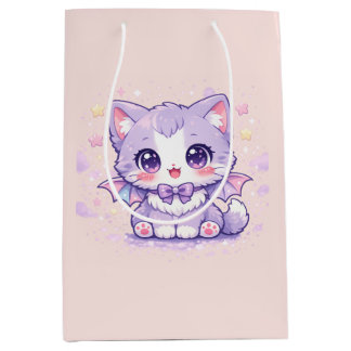 Bolsa De Regalo Mediana Pastel Murciélago Gatito Kawaii Alado Lavanda