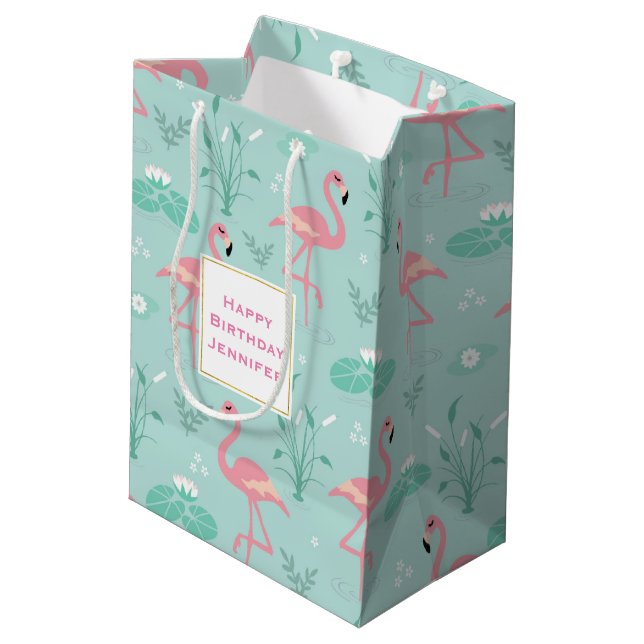 Bolsa De Regalo Mediana Pastel Pink Flamingos Green Pattern Cumpleaños (Angulo reverso)