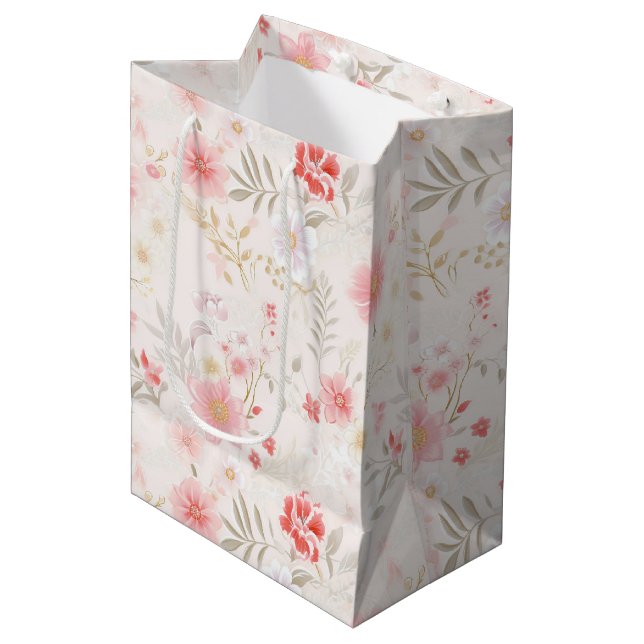 Bolsa De Regalo Mediana Pastel Pink Red White Flowers Pattern Wine, Small, (Angulo Anverso)
