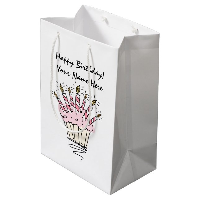 Bolsa De Regalo Mediana Pastel rosa con velas de cumpleaños personalizadas (Angulo reverso)