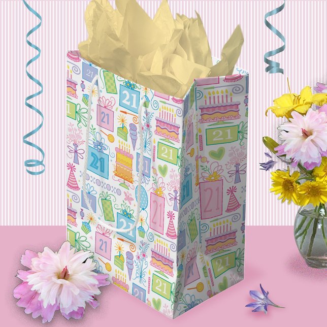 Bolsa De Regalo Mediana Pastel rosa de cumpleaños 21 presenta globos (Subido por el creador)