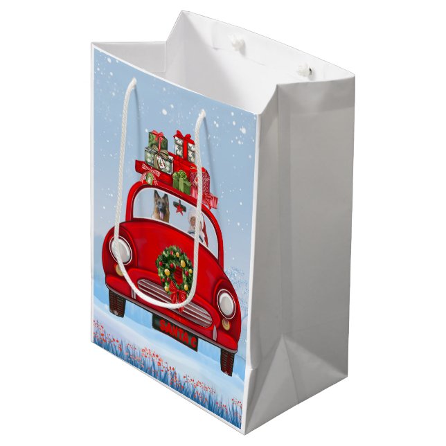 Bolsa De Regalo Mediana Pastor Alemán En Coche Con Santa Claus (Angulo Anverso)