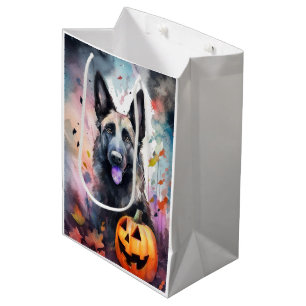 Bolsa De Regalo Mediana Pastor belga de Halloween con calabazas temerosas