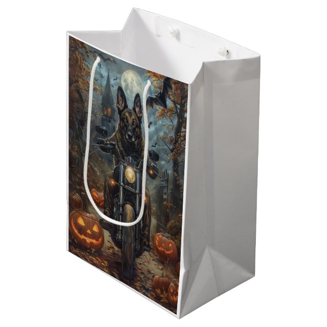 Bolsa De Regalo Mediana Pastor belga montando motocicleta Halloween Scary (Angulo Anverso)