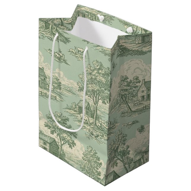 Bolsa De Regalo Mediana Pastoral Sage Green Toile Countryside Farm Scene 1 (Angulo Anverso)