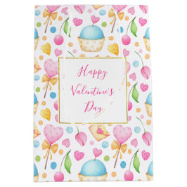 Bolsa De Regalo Mediana Patrón acuático de Corazones y Pasteles de San Val