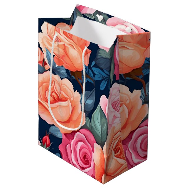 Bolsa De Regalo Mediana Patrón Chiffon de Rosas de Naranja rosado rojo (Angulo Anverso)