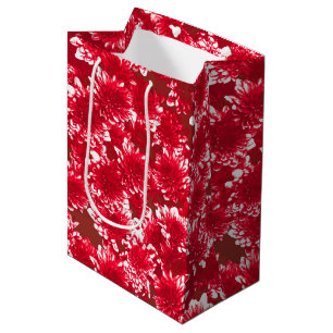 Bolsa De Regalo Mediana Patrón Dahlia gráfico moderno, rojo oscuro y blanc