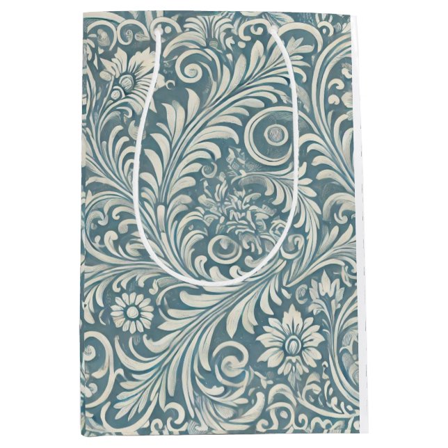 Bolsa De Regalo Mediana Patrón Damask en azul suave y marfil (Anverso)