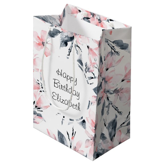 Bolsa De Regalo Mediana Patrón de acuarela floral rosa y gris cumpleaños (Angulo Anverso)