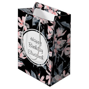 Bolsa De Regalo Mediana Patrón de acuarela floral rosa y gris cumpleaños