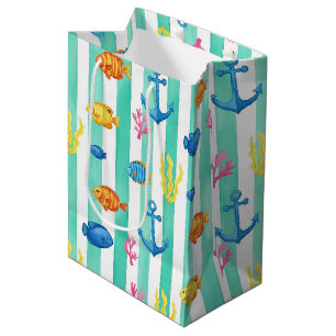 Bolsa De Regalo Mediana Patrón de acuarela náutica retro (9)