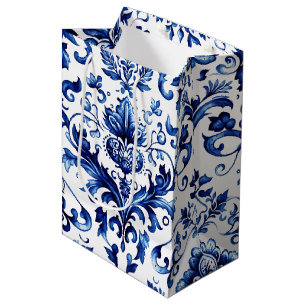Bolsa De Regalo Mediana Patrón de adorno floral de estilo Delft azul y bla