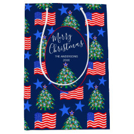 Bolsa De Regalo Mediana Patrón de árbol de Navidad patriótico personalizad