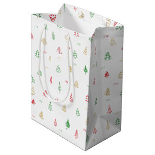 Bolsa De Regalo Mediana Patrón de Árboles de Navidad Rojo y Verde Dorado