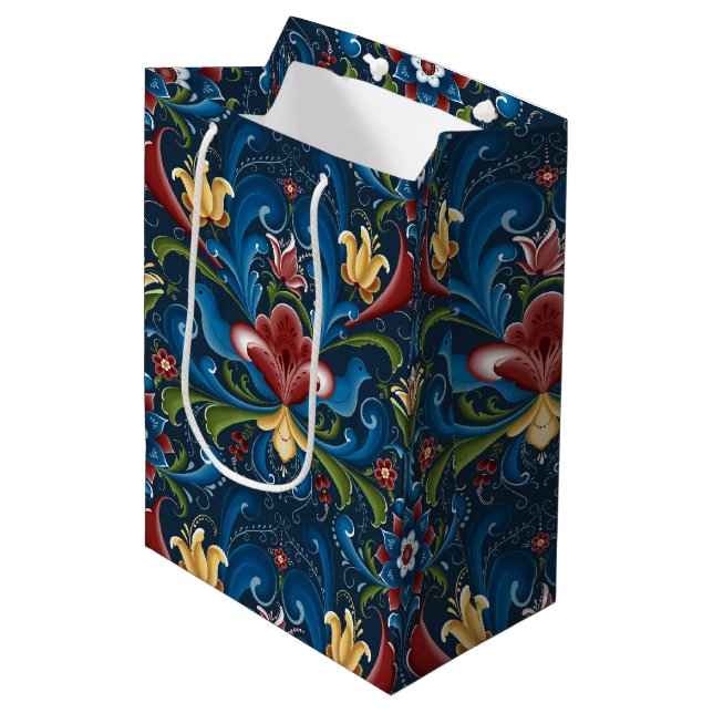 Bolsa De Regalo Mediana Patrón de arte folclórico azul escandinavo (Angulo Anverso)