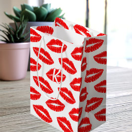 Bolsa De Regalo Mediana Patrón de besos de lápiz labial Monogramado rojo y