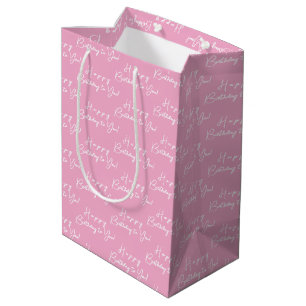 Bolsa De Regalo Mediana Patrón de color blanco y rosa feliz de cumpleaños
