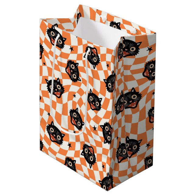 Bolsa De Regalo Mediana Patrón de comprobación de Naranja de gato negro re (Angulo Anverso)