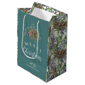 Bolsa De Regalo Mediana Patrón de conos de pino Feliz Navidad floral