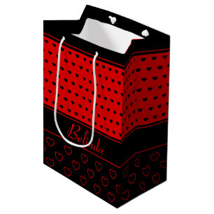 Bolsa De Regalo Mediana Patrón de corazón rojo y negro de Moda, plantill