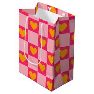 Bolsa De Regalo Mediana Patrón de corazones a cuadros rosa rojo amarillo a