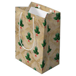 Bolsa De Regalo Mediana Patrón de damasco de acebo vintage