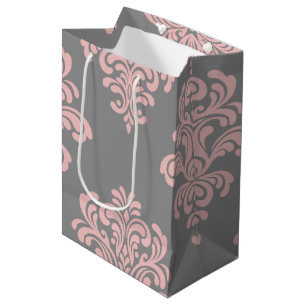 Bolsa De Regalo Mediana Patrón de Damasco rosa y gris