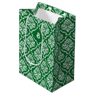 Bolsa De Regalo Mediana Patrón de damascos blancos vintage en verde Navida