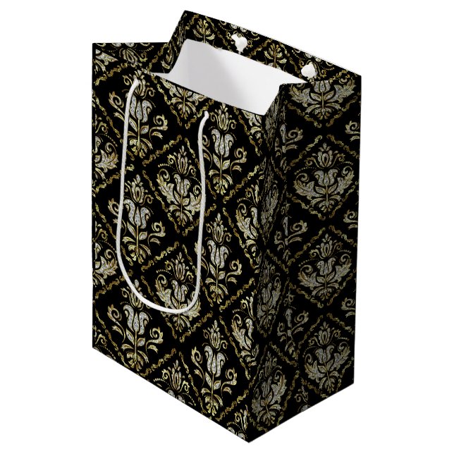 Bolsa De Regalo Mediana Patrón de damasquetas esparcen en negro (Angulo Anverso)