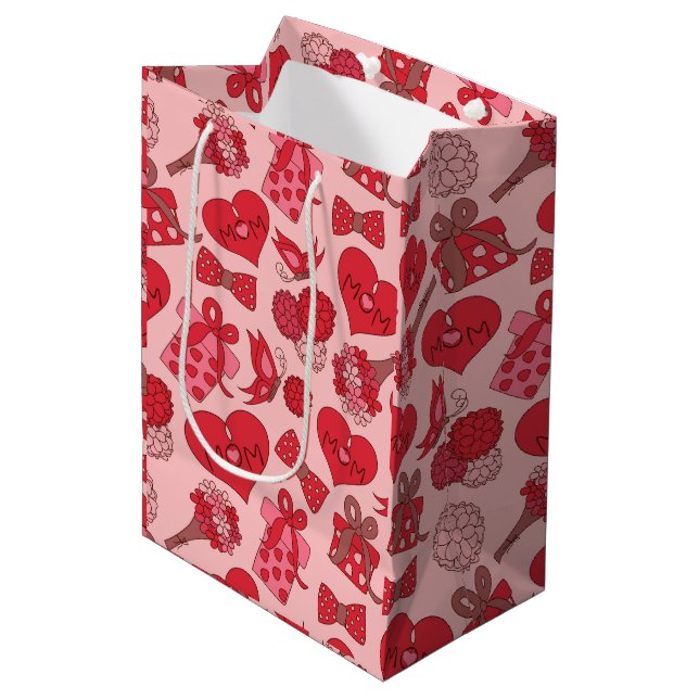 Bolsa De Regalo Mediana Patrón De Día de la Madre Rojo Y Rosa (Angulo Anverso)