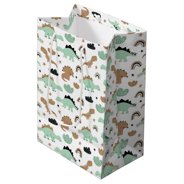 Bolsa De Regalo Mediana Patrón de dinosaurio verde de menta (Angulo Anverso)