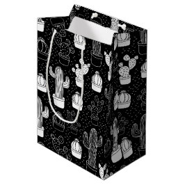 Bolsa De Regalo Mediana Patrón de doodle de cactus en blanco y negro