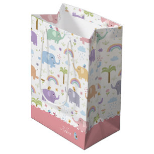 Bolsa De Regalo Mediana Patrón de elefante azul pastel para niña pequeña F
