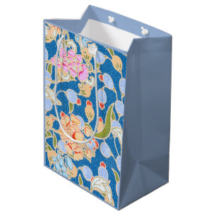 Bolsa De Regalo Mediana Patrón de estilo Batik Puntos Flores Fondo azul
