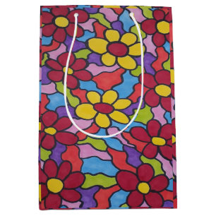 Bolsa De Regalo Mediana Patrón de flor arco iris retro