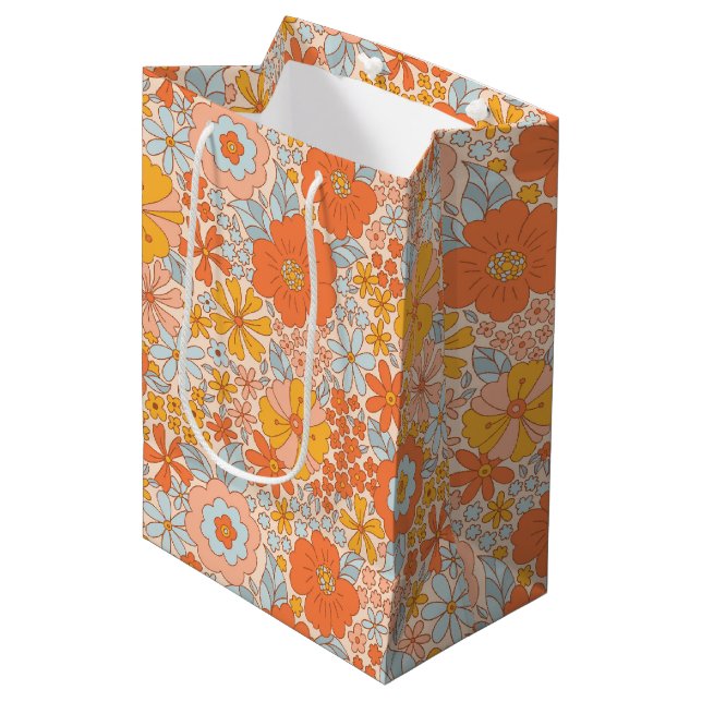 Bolsa De Regalo Mediana Patrón de flor retro naranja (Angulo Anverso)