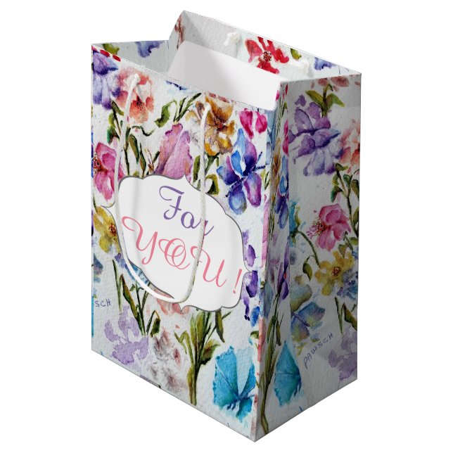 BOLSA DE REGALO MEDIANA PATRÓN DE FLORES BLANCO (Angulo Anverso)