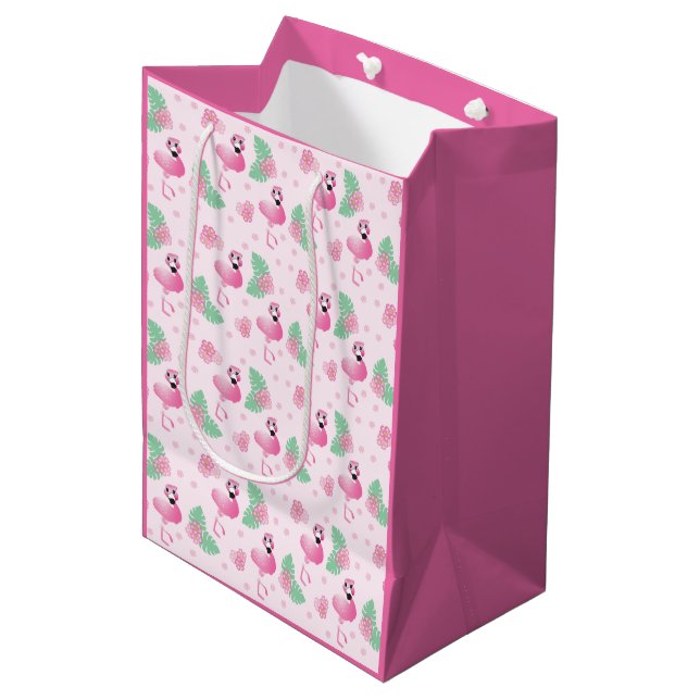 Bolsa De Regalo Mediana Patrón de flores de hojas tropicales de flamencos  (Angulo Anverso)
