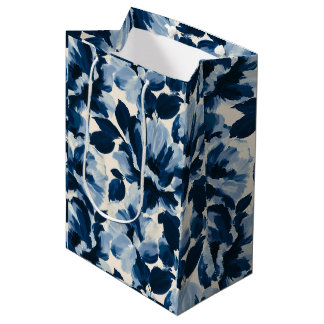 Bolsa De Regalo Mediana Patrón de flores pictóricas azules y marinas