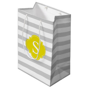 Bolsa De Regalo Mediana Patrón de franjas grises y amarillas y monograma