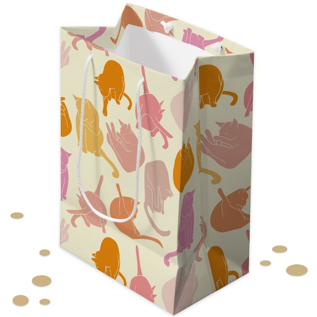 Bolsa De Regalo Mediana Patrón de gato divertido moderno Naranja rosa (Fun pink orange peach and cream cat gift bag)