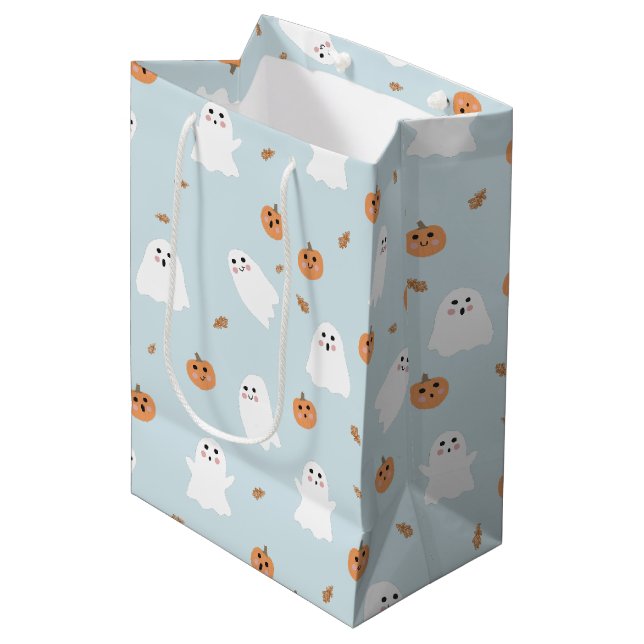 Bolsa De Regalo Mediana Patrón de Halloween azul dulce fantasma y calabaza (Angulo Anverso)
